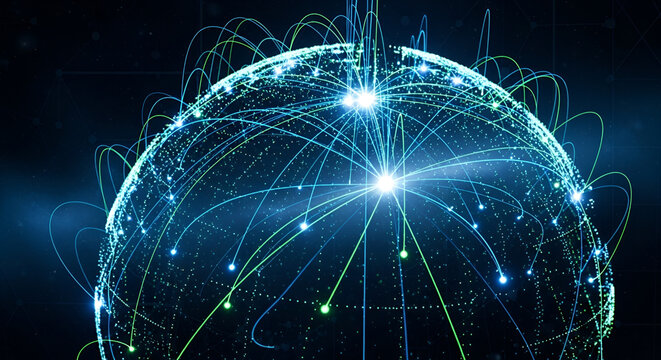 Digital globe network connections with glowing lines and bright nodes on dark blue background