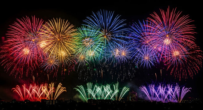 Vibrant rainbow fireworks display in the night sky, representing Pride celebration and joy.

