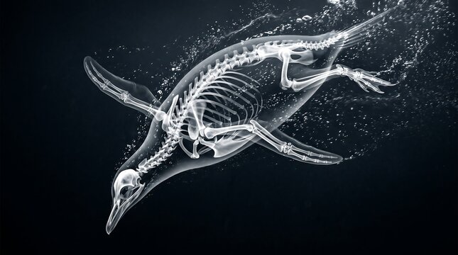 Xray image of dolphin skeleton swimming.