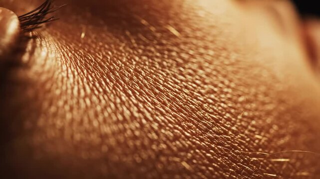 This shows a close-up of a person's skin with visible pores and fine lines. The soft lighting highlights the texture and complexion of the skin, creating a realistic and detailed view of human skin.