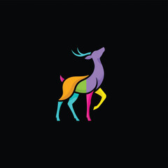 Fototapeta premium Deer logo icon with colorful abstract silhouette, wing-like shapes, and neon gradient design on dark background