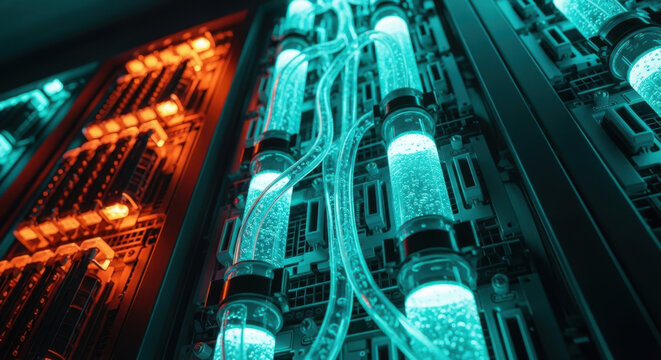 Dramatic - low-angle shot of a high-density server rack filled... 