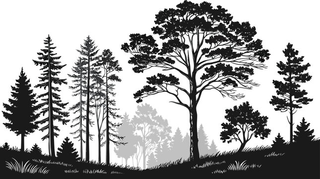 Layered Forest Landscape Vector, Depth Nature Trees Background Decorative Forest Vector Pattern, Nature Trees Seamless, Simple Tree Outline Illustration