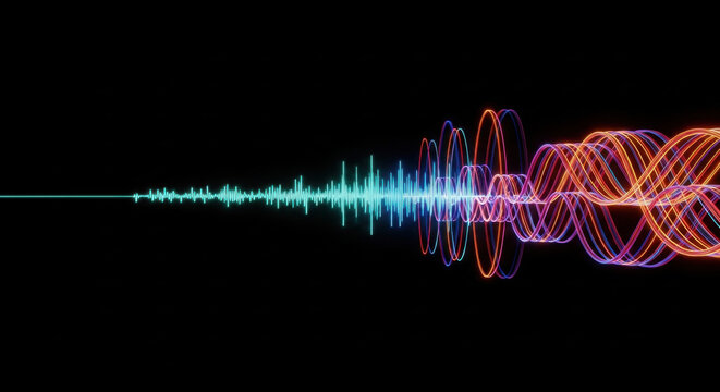Generative AI Music Visualization with Sound Waves Transforming into Luminous Visual Patterns Morphing from Teal Frequency Waves to Colorful Abstract Shapes Across Dark Background