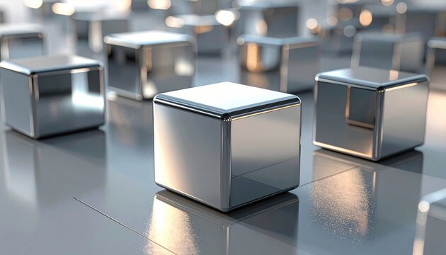 Polished metallic cubes arranged in a grid representing quantum bits in a state of superposition and advanced computing technology.