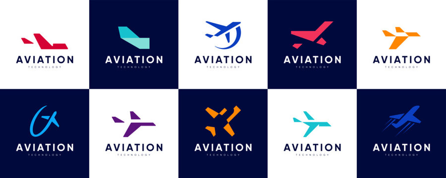 Collection of aviation logos, with airplane silhouette concept, geometric style, minimalist, vector design template.