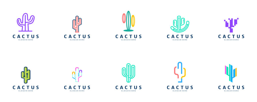 A collection of desert plant logos with modern technology concepts, electrical networks, growth, graphic design illustrations.