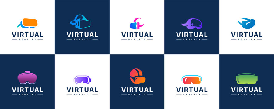 virtual reality glasses logo collection, vision technology, monitoring, mapping, graphic design illustration.