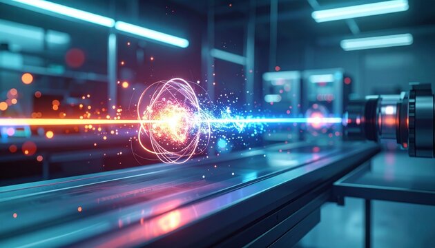 Quantum superposition visualized as a particle splitting and reforming in a high tech laboratory environment, representing advanced physics and future computational technology breakthroughs.