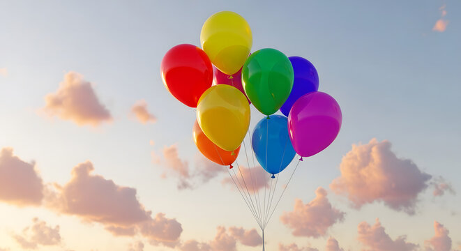 Colorful rainbow balloons floating high in the sky, representing freedom, hope, and Pride celebration.
