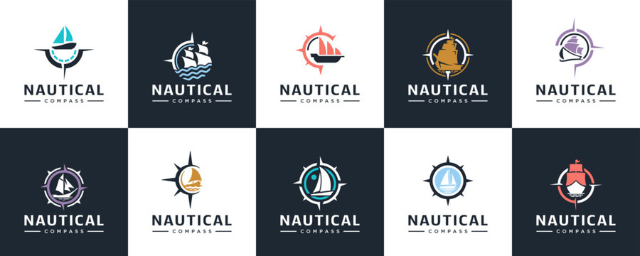 A collection of logos with the concept of a compass and boat, sea travel, guides, graphic design inspiration.