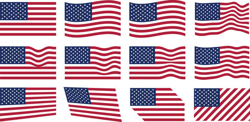Fototapeta premium United States flag icon set featuring waving American flags in flat vector style for patriotic design, national celebration, and branding projects