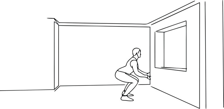 Continuous line art of person performing squat exercise in front of modern wall window art.