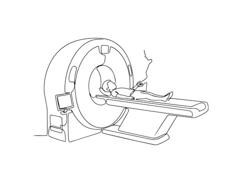 Patient in CT scanner machine. Continuous line drawing illustration. Medical magnetic resonance imaging concept isolated on white background