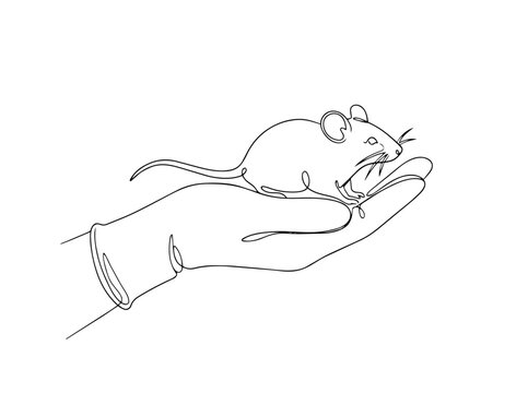 Lab mouse sitting on gloved hand. Continuous one line drawing animal testing concept. Minimalist vector illustration