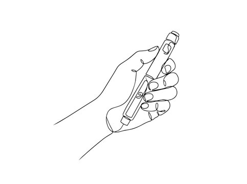Hand holding insulin pen. Continuous line art illustration of diabetes self-injection. Vector graphic isolated on white background