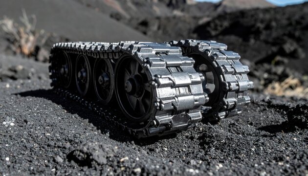 Detailed metallic miniature tank treads resting on a textured dark gray volcanic ground, representing high performance engineering and rugged durability in a harsh environment.