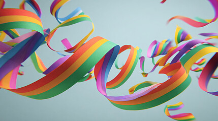Obraz premium Colorful ribbons in rainbow hues swirl dynamically against a light blue background, creating a vibrant and festive visual display suitable for celebrations and events