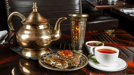 Fototapeta premium Ornate teapot, food plate, tea cup, and decorative lamp on a patterned table setting