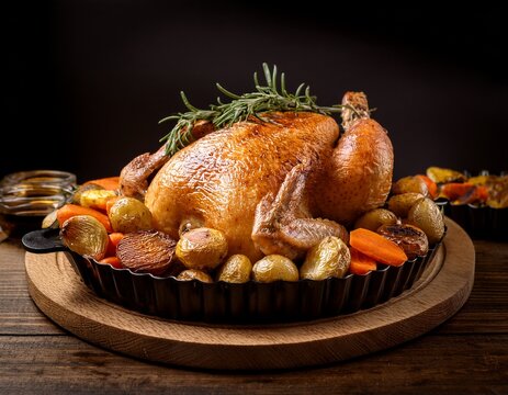 golden roasted whole chicken with root vegetables and herbs