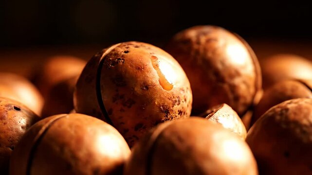 Roasted macadamia nuts in brown shells with cinematic lighting