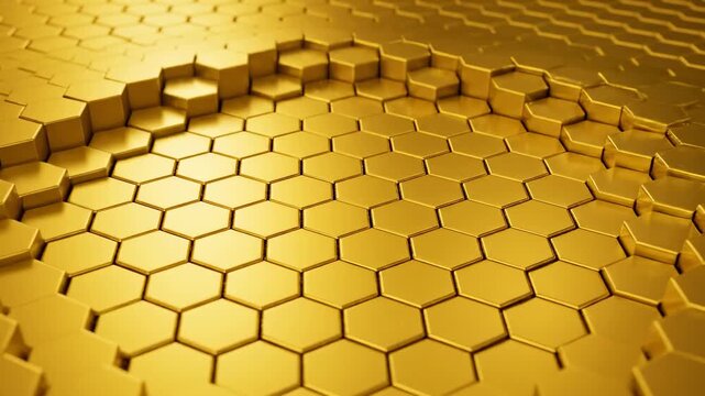 This features a 3D rendering of a honeycomb pattern composed of golden hexagons, with a broken section revealing the intricate beehive structure beneath. The showcases the texture and surface details