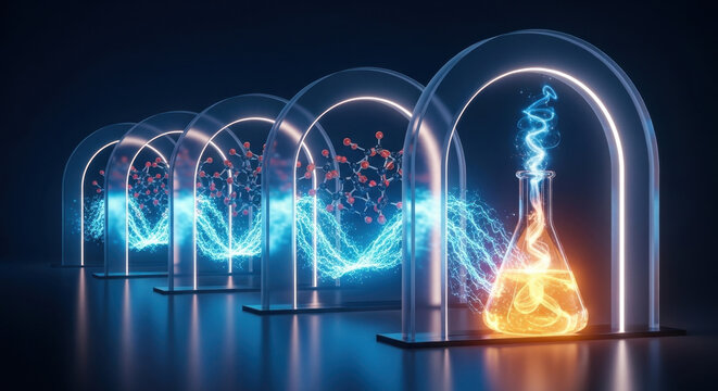 Pipeline Visualization of AI Drug Discovery Stages with Luminous Gateway Arches in Sequence from Molecular Library Through to Approved Compound in Progressive Blue Shades
