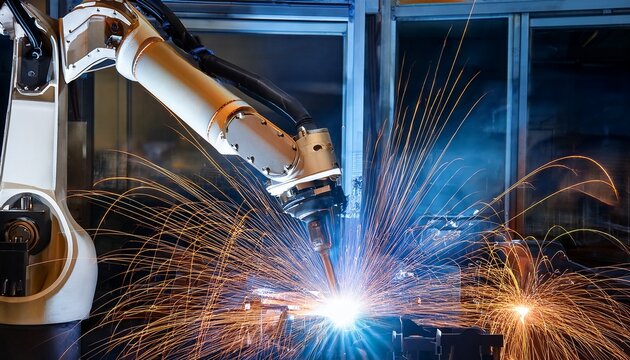 automated robotic arm welding metal parts in a modern industrial factory