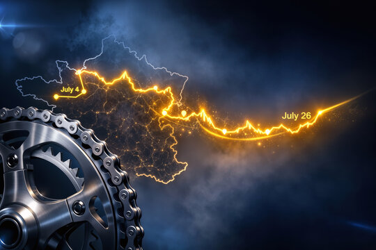 Tour de France route holographic golden ribbon with titanium bicycle chainring and chain July 4 to July 26 cycling race stage mountain endurance grand tour visual concept