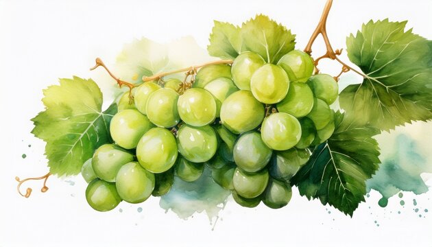 watercolor painting featuring a cluster of ripe green grapes with leaves isolated on a white background