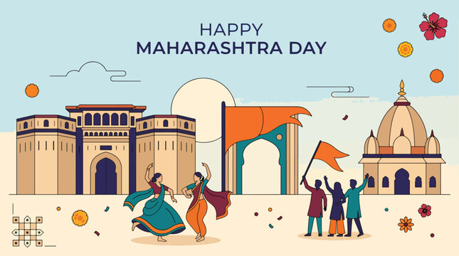 Happy Maharashtra Day Celebration Banner - Traditional Folk Dancers with Shaniwar Wada, Gateway of India and Historical Landmarks