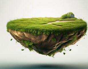 Fototapeta premium piece of land covered with green grass floating in the air with a white background