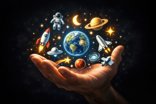 Hand holding glowing space icons with Earth astronaut rocket planets stars moon satellites galaxy cosmic concept for space exploration and astronomy education in palm visual