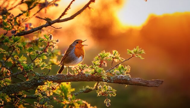 a robin bird in a tree singing song at sunrise