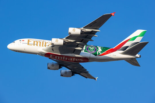 Emirates Airbus A380-800 (A6-EOE) in Wimbledon special livery taking off at Dubai International Airport on November 13, 2025 in Dubai, United Arab Emirates