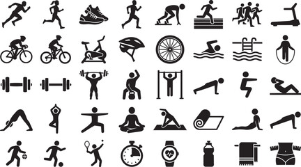 Obraz premium Sports icons set, fitness icons vector, athletic pictograms, running icon, sprinting icon, jogging icon, cycling icon, mountain biking icon, bicycle icon, helmet icon, swimming icon, diving icon, surf