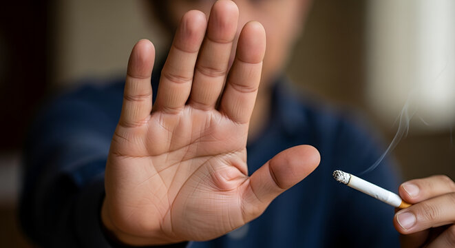 Person rejecting cigarette with hand gesture quitting smoking symbol smoke rising from cigarette