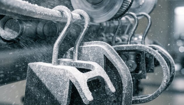 Industrial closeup of hooks carrying mattefinish brackets and guards gliding through a modern automated powder line highlighting texture and precision.