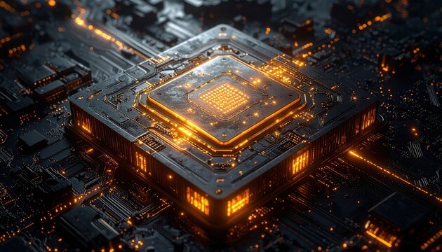 Futuristic quantum processor chip featuring microscopic glowing pathways and advanced integrated circuitry design for high performance computing and technological innovation.