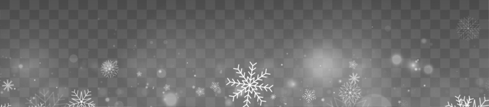 Snowfall glows in icy air with radiant shimmer. Floating flakes create calm winter beauty. Perfect design element for seasonal backgrounds and banners. Vector