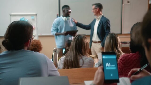 Student using AI chat app on smartphone during university lecture. Close-up of mobile screen showing artificial intelligence assistance in modern education environment.