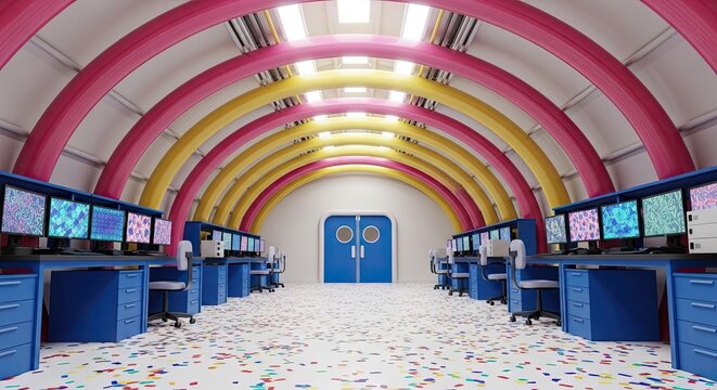 Colorful interior with computer workstations and decorative ceiling arches