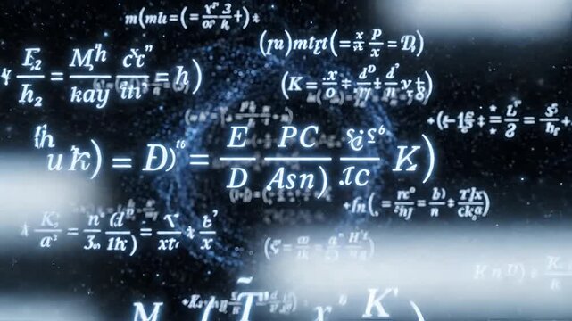 Abstract glowing mathematical formulas and equations floating in space.