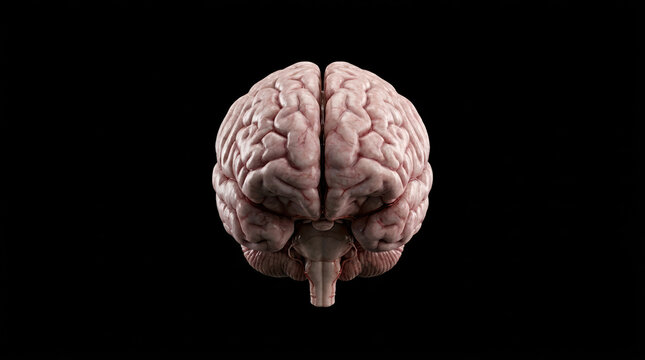 Front view of a realistic human brain isolated on a black background. Detailed 3D illustration of cerebral anatomy and neurology. Medical and science concept with copy space for text