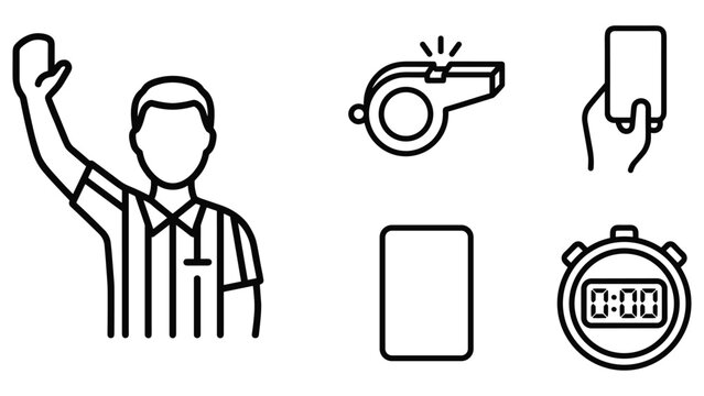 Referee and sports officiating icons set with whistle cards and timer for game matches.