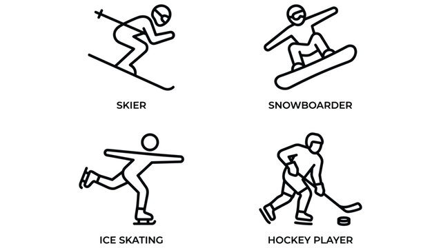 Skiing snowboarding ice skating hockey player set isolated on white background vector illustration.