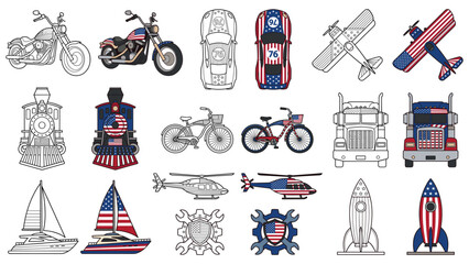 American themed vehicle outline and colored graphic set on white background vector illustration. © md