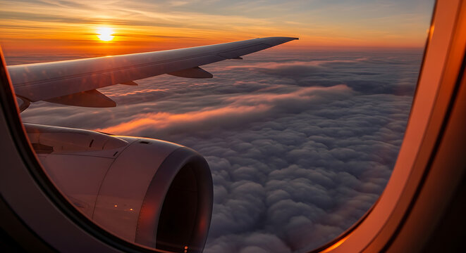 Airplane Wing View Over Clouds at Sunset