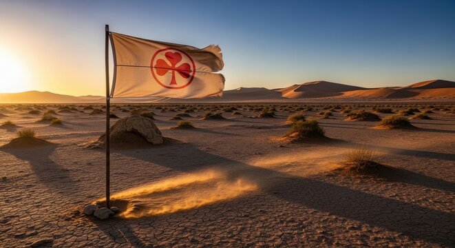 White flag with red templar cross flying in vast desert landscape at sunset with sand dunes
