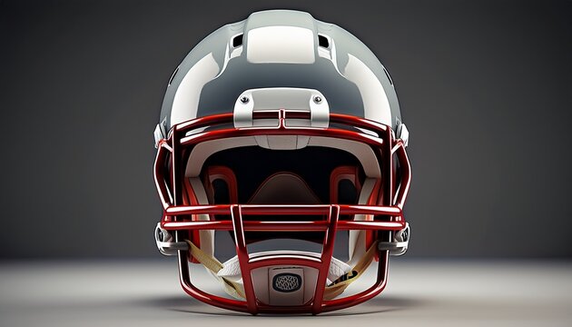 gray 3d helmet for american football with red mask and chin strap